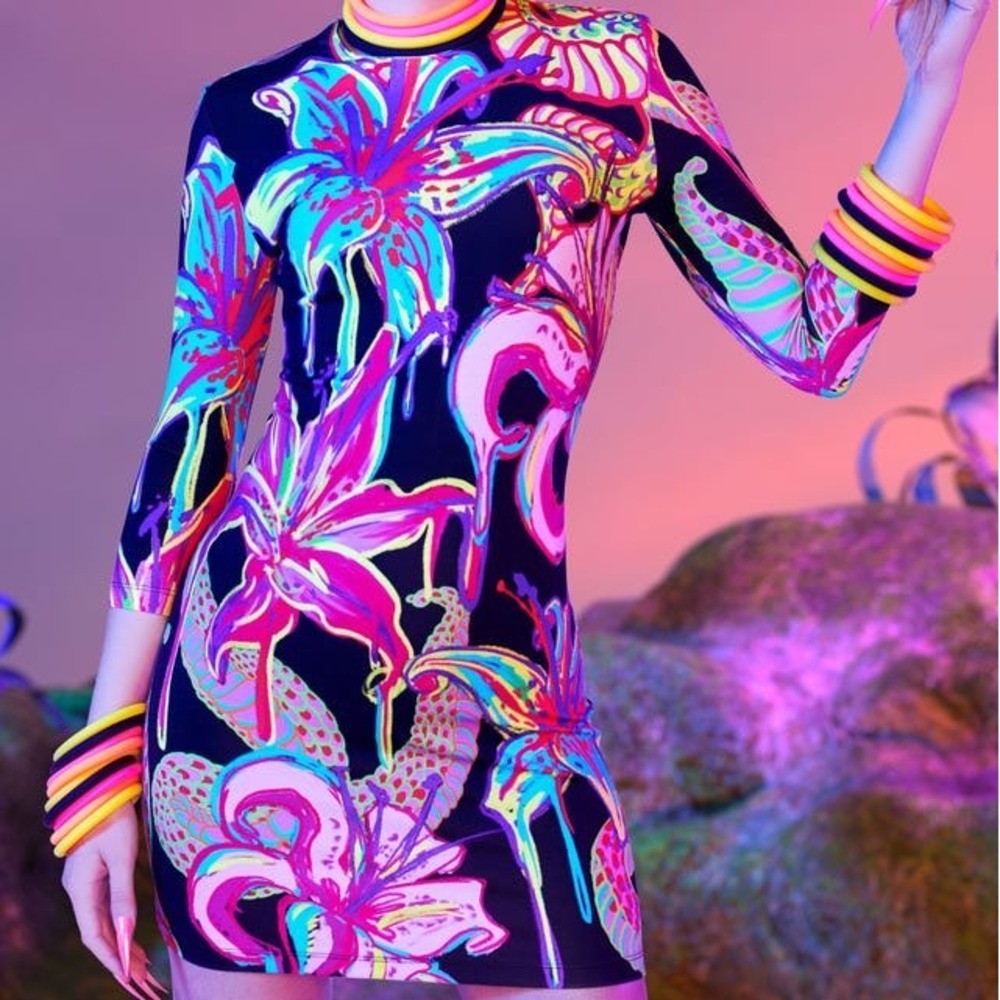 Desigual x Maria Escote Large Psychedelic Neon UV Reactive Floral Snake Dress